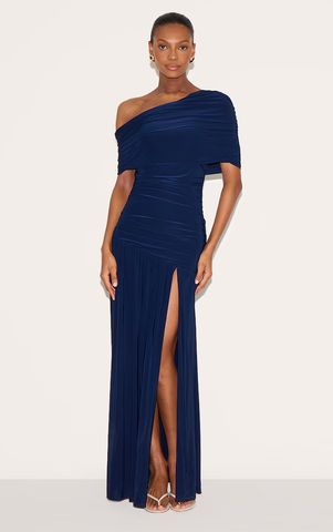 Double Layer Slinky Bardot One Shoulder Ruched Maxi Dress
