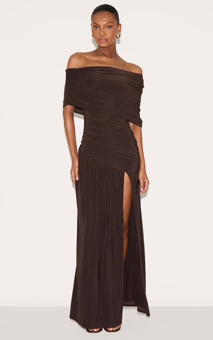 Double Layer Slinky Bardot One Shoulder Ruched Maxi Dress