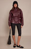 Chocolate Plum High Neck Cinched Waist Faux Leather Jacket