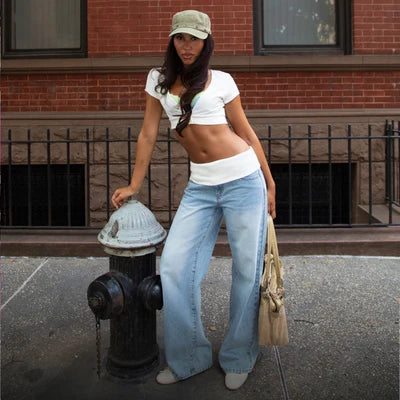 Knit Foldover Low Rise Baggy Jeans