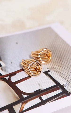 Gold Chunky Ribbed Abstract Hoop Stud Earrings
