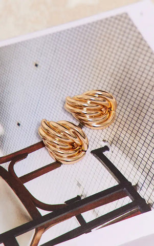Gold Chunky Ribbed Abstract Hoop Stud Earrings