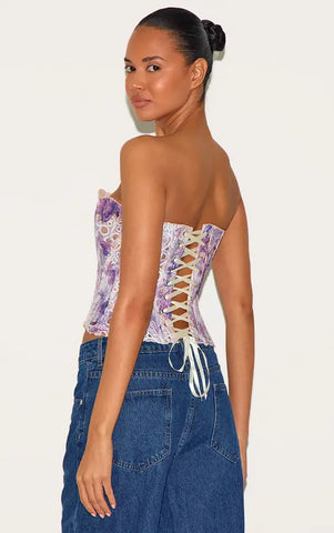 Black Textured Sheer Floral Lace Corset