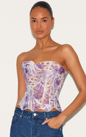Black Textured Sheer Floral Lace Corset