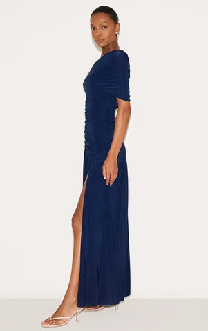 Double Layer Slinky Bardot One Shoulder Ruched Maxi Dress