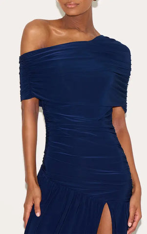 Double Layer Slinky Bardot One Shoulder Ruched Maxi Dress