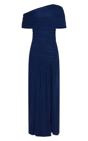 Double Layer Slinky Bardot One Shoulder Ruched Maxi Dress