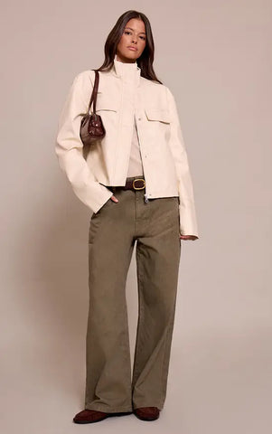 Cream Faux Leather Funnel Neck Jacket