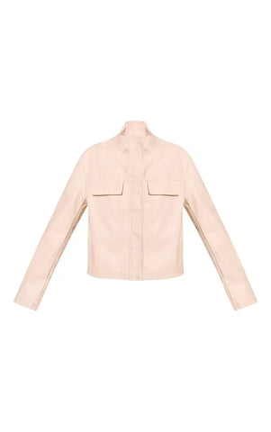 Cream Faux Leather Funnel Neck Jacket