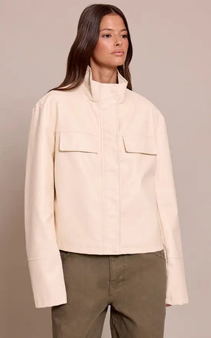 Cream Faux Leather Funnel Neck Jacket