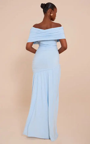 Double Layer Slinky Bardot One Shoulder Ruched Maxi Dress