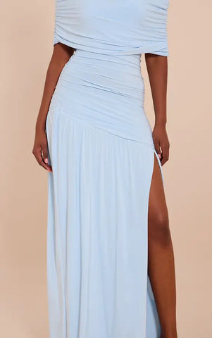 Double Layer Slinky Bardot One Shoulder Ruched Maxi Dress