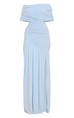 Double Layer Slinky Bardot One Shoulder Ruched Maxi Dress