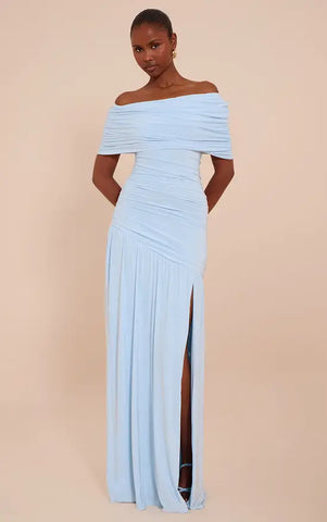 Double Layer Slinky Bardot One Shoulder Ruched Maxi Dress