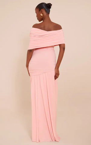 Double Layer Slinky Bardot One Shoulder Ruched Maxi Dress