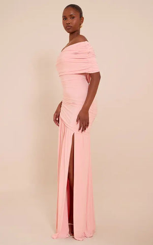 Double Layer Slinky Bardot One Shoulder Ruched Maxi Dress