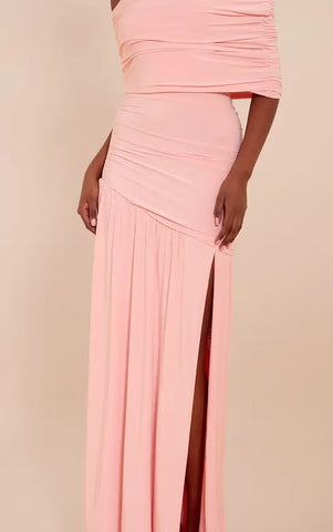 Double Layer Slinky Bardot One Shoulder Ruched Maxi Dress