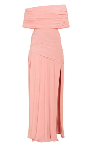 Double Layer Slinky Bardot One Shoulder Ruched Maxi Dress