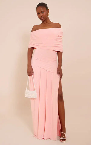 Double Layer Slinky Bardot One Shoulder Ruched Maxi Dress