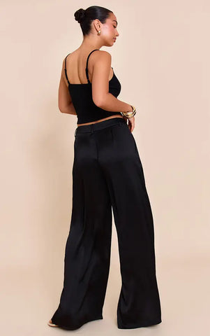 Textured Satin Double Pleat Wide Leg Trouser