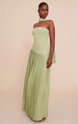 Woven Asymmetric Pleated Maxi Dress