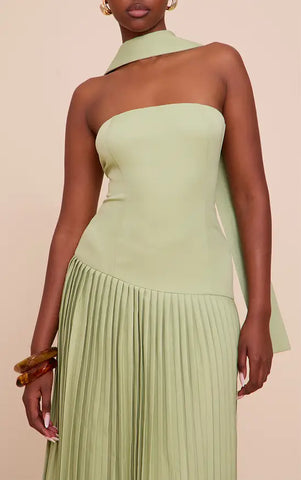 Woven Asymmetric Pleated Maxi Dress