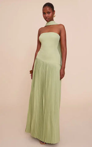 Woven Asymmetric Pleated Maxi Dress