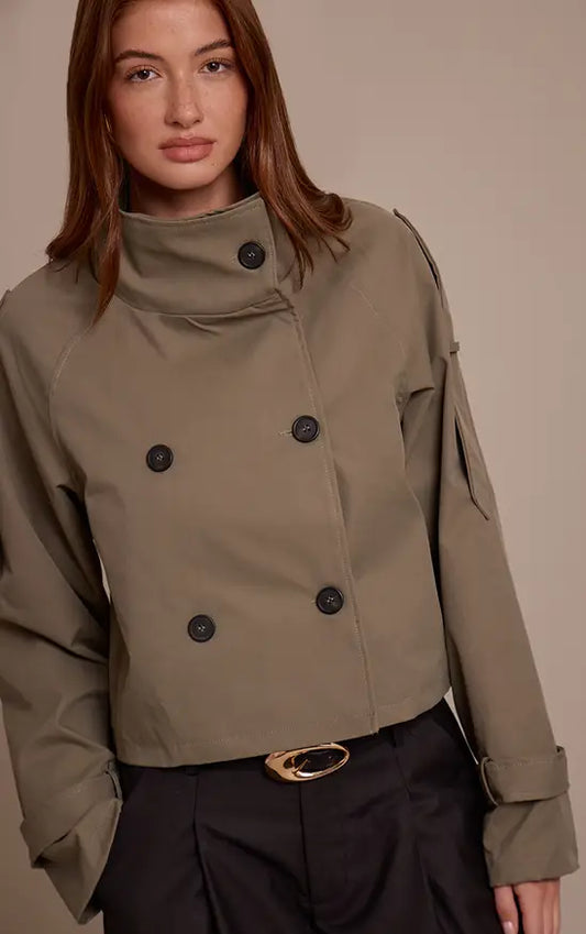 Double Breasted Funnel Neck Cropped Trench Coat