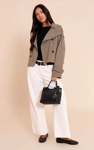 Double Breasted Funnel Neck Cropped Trench Coat