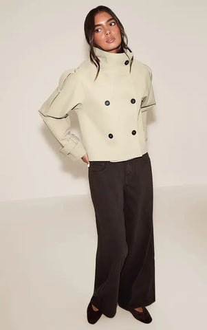 Double Breasted Funnel Neck Cropped Trench Coat