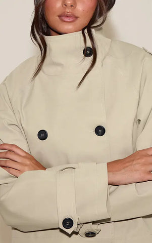 Double Breasted Funnel Neck Cropped Trench Coat