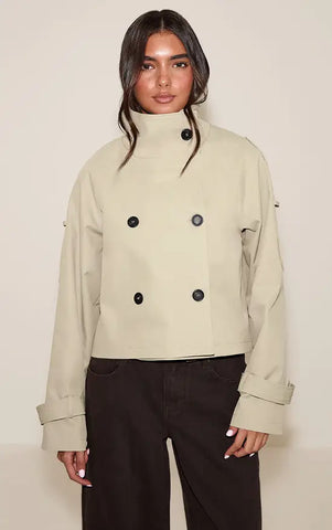 Double Breasted Funnel Neck Cropped Trench Coat