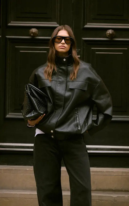 Funnel Neck Concealed Placket Faux Leather Jacket
