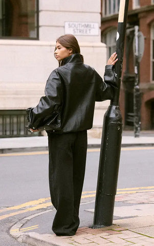 Funnel Neck Concealed Placket Faux Leather Jacket