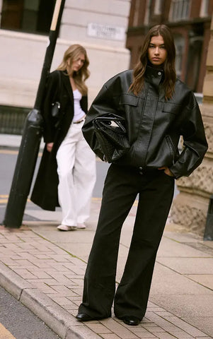 Funnel Neck Concealed Placket Faux Leather Jacket