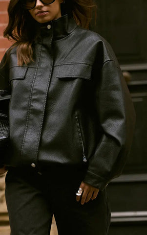 Funnel Neck Concealed Placket Faux Leather Jacket