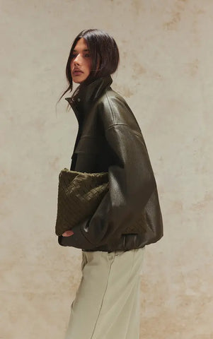 Funnel Neck Concealed Placket Faux Leather Jacket