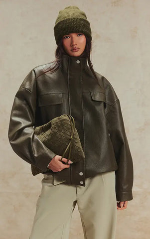 Funnel Neck Concealed Placket Faux Leather Jacket