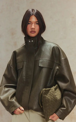 Funnel Neck Concealed Placket Faux Leather Jacket