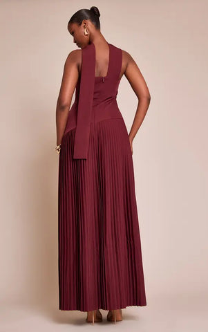 Woven Asymmetric Pleated Maxi Dress