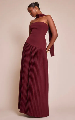 Woven Asymmetric Pleated Maxi Dress