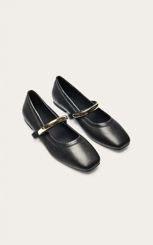 Soft PU Gold Strap Square Toe Ballet Flats