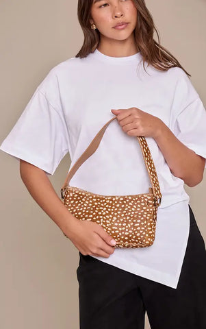 Brown Deer Print Real Leather Shoulder Bag