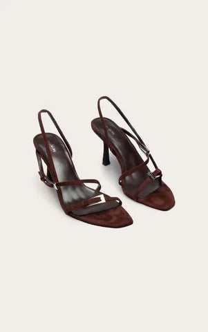 Chocolate Angled Toe Buckle Detail Heeled Sling Back