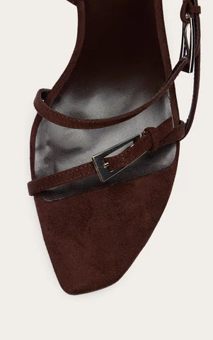 Chocolate Angled Toe Buckle Detail Heeled Sling Back