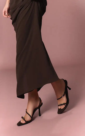 Chocolate Angled Toe Buckle Detail Heeled Sling Back