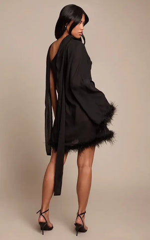 Chocolate Chiffon One Shoulder Feather Detail Shift Dress
