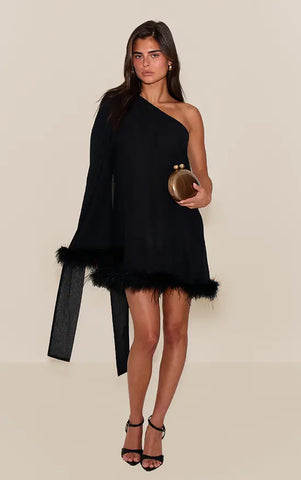 Chocolate Chiffon One Shoulder Feather Detail Shift Dress