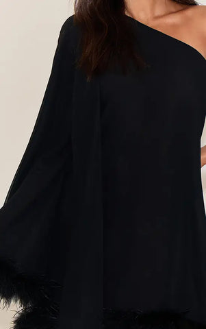 Chocolate Chiffon One Shoulder Feather Detail Shift Dress