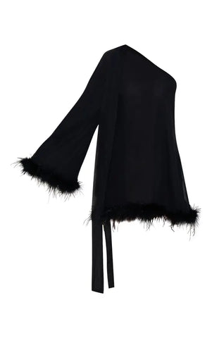 Chocolate Chiffon One Shoulder Feather Detail Shift Dress